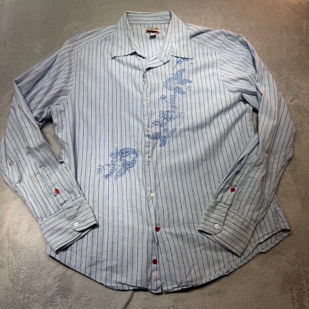 Blue Striped Embroidered Floral Paisley Cotton Button Down Shirt XL Rare western